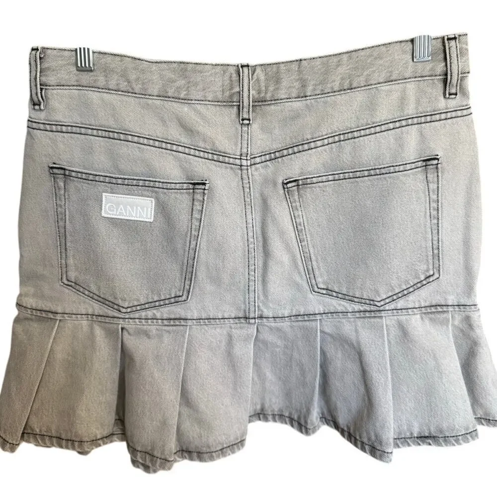 Ganni Future Denim Pleated Mini Skirt Gray Wash EU Size 40 / US Size 8